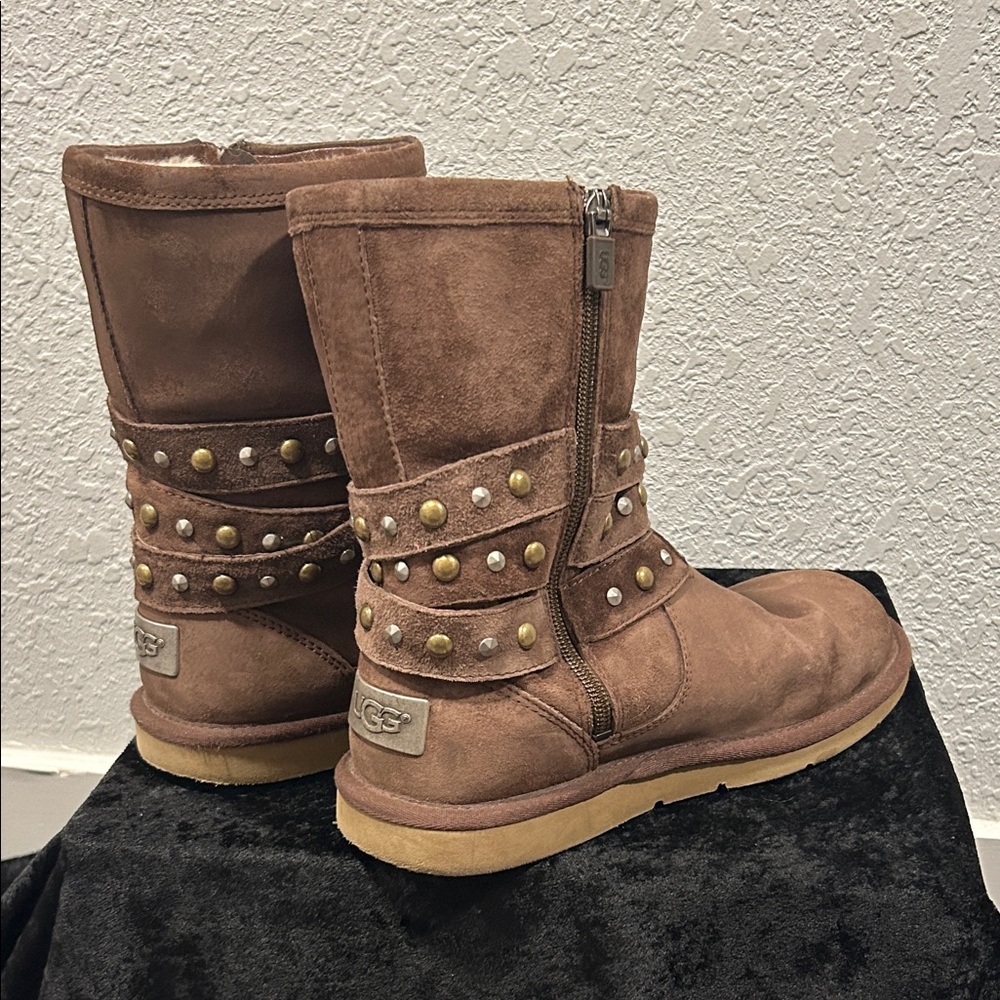 UGG Brown Suede Studded Shearling-Lined Winter Boots - Picture 2 of 7
